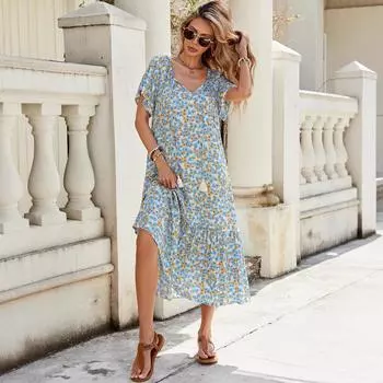 Новая женская одежда 2025 весна хлопок с принтом ажурное кружево с оборками по краю платье с короткими рукавами S разноцветный