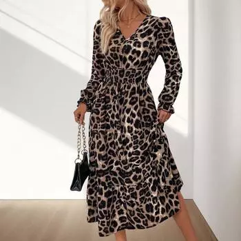 Новая женская одежда 2025 весна и осень мода темперамент леопардовый принт V-образный вырез с длинными рукавами платье S темно-коричневого