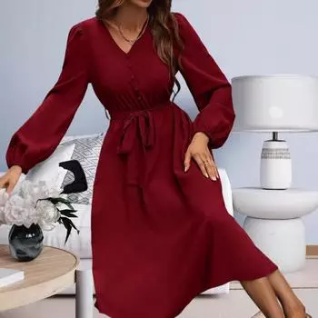 Новая женская одежда 2025 весна однотонное платье с V-образным вырезом, рукавами-фонариками и шнуровкой на талии S темно-коричневого