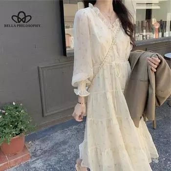 Новая женская одежда, элегантное шифоновое длинное платье во французском стиле с цветочным принтом и перерывом на чай S бежевый