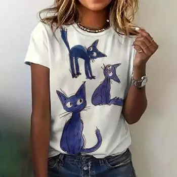 Новая женская одежда футболка летняя мода круглый вырез короткий рукав кошачий принт топ повседневная свободная одежда женская футболка S