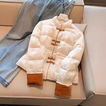 Новая женская одежда из хлопка с цветочным принтом в китайском стиле, которая согреет, осень и зима 2024 года, новая бежевая куртка с пряжкой для женщин S белый