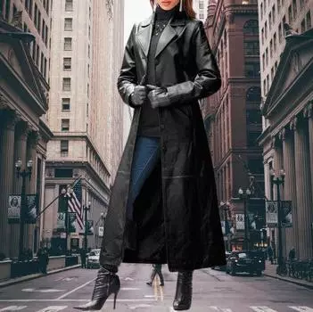 Новая женская одежда, кожаная куртка на пуговицах, удлиненное женское пальто, тонкий и тонкий кожаный тренчкот большого размера S чёрный