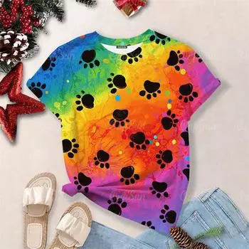 Новая женская одежда, летняя мода, футболка с короткими рукавами и принтом кошачьей и собачьей лапы для девочек, блузка, симпатичные топы с эстетикой собачьей лапы для женщин 4XL S