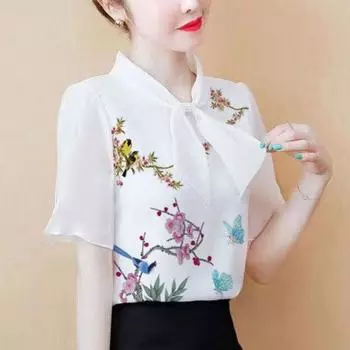 Новая женская одежда, летняя роскошная модная облегающая дышащая женская рубашка с принтом, повседневная свободная женская рубашка, универсальные топы с короткими рукавами L бежевый