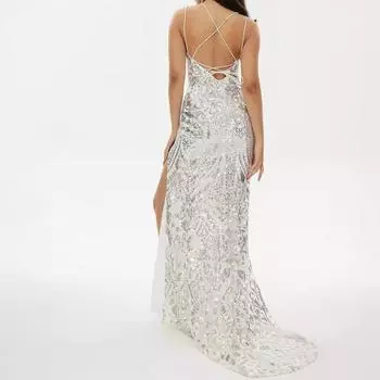 Новая женская одежда лето, сексуальное подтяжка тонкий бедра обертывание банкет вечеринка подружка невесты платье скользящее S серебряный