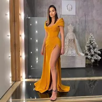 Новая женская одежда Новое облегающее платье с рукавами на плечах Платье с запахом на бедрах S жёлтый