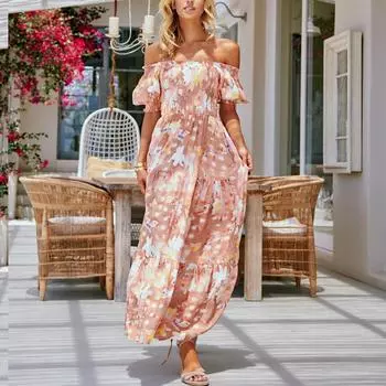 Новая женская одежда новое одно слово плечо пандус рукав платье свободное S розовый