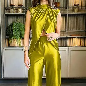 Новая женская одежда однотонные расклешенные брюки с полой талией модный женский костюм 2XL оливковый