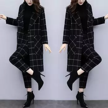 Новая женская одежда осень-зима большие размеры брюки-двойки клетчатая шерстяная куртка брюки-девятки повседневный женский костюм China code чёрный