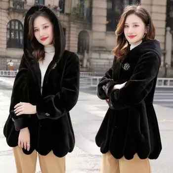 Новая женская одежда осенне-зимнее пальто из искусственной норки бархат искусственный мех зимняя одежда для мам с капюшоном большой размер топ S чёрный
