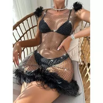 Новая женская одежда перспектива сексуальный V-образный вырез подтяжки Mao Mao платье рыболовная сеть вспышка алмаз Spice girl бедра юбка S