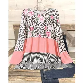 Новая женская одежда с длинными рукавами, леопардовый принт, сращивание, с длинными рукавами, V-образным вырезом, повседневная футболка для женщин S розовый