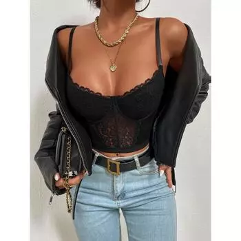 Новая женская одежда сращивание перспектива кружева маленький жилет сексуальные красотки универсальный топ-труба S чёрный