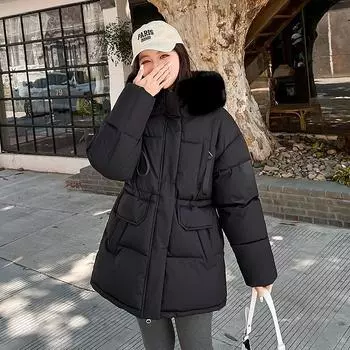 Новая женская одежда средней длины и длинная хлопковая куртка, хлопковая одежда ниже талии, куртка с большим меховым воротником для женщин M