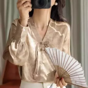 Новая женская одежда Top Temperament, новая жаккардовая рубашка с V-образным вырезом и пуговицами в китайском стиле, свободная рубашка с длинными рукавами для женщин S