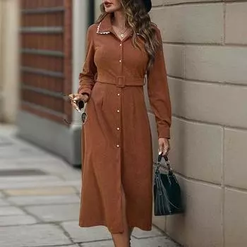 Новая женская одежда юбка осень и зима европейский и американский лацкан сращивание кружева рубашка с длинными рукавами вельветовое платье S