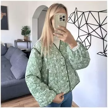 новая женская одежда V-образный вырез принт стеганый хлопок свободный повседневный сращивание хлопковая одежда куртка контрастный цвет милая хлопковая одежда S чёрный