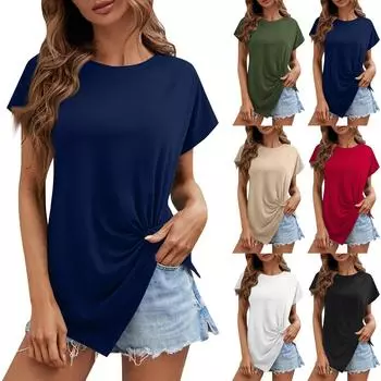 Новая женская однотонная футболка с круглым вырезом и нерегулярным подолом с короткими рукавами L