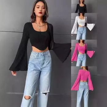 Новая женская однотонная футболка с U-образным вырезом и открытым пупком для похудения, модная сексуальная короткая футболка с длинными рукавами S белый