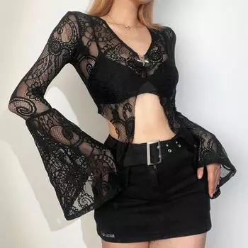 Новая женская однотонная облегающая футболка с открытым пупком и V-образным вырезом, с длинными рукавами, с сеткой для женщин S чёрный