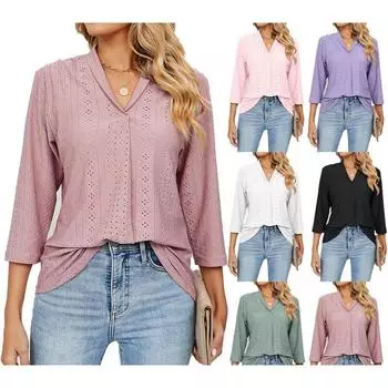 Новая женская осенняя одежда, жаккардовые топы с V-образным вырезом, футболки со средними рукавами S белый