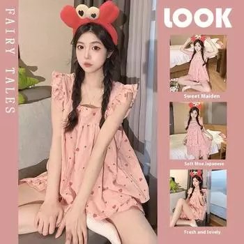 Новая женская пижама, домашняя одежда, летний домашний костюм без рукавов, тонкие милые японские свободные оборки, можно носить поверх пижамы M
