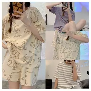 Новая женская пижама из двух частей, летняя тонкая часть шорт с короткими рукавами, симпатичная и удобная молочная верхняя одежда, домашний костюм L серый
