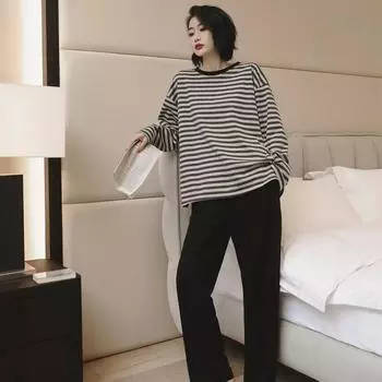 Новая женская пижама на весну и осень, комплект из двух предметов, брюки с длинными рукавами, свободный крой, удобная повседневная домашняя одежда в полоску M чёрный