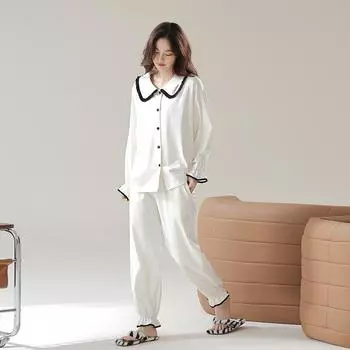 Новая женская пижама, весенняя, с длинными рукавами, из чистого хлопка класса А, пуллер, хлопок, для отдыха, удобный комплект для дома M