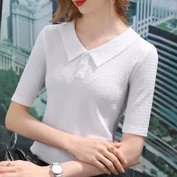 Новая женская плиссированная шифоновая рубашка для женщин с воротником-поло и жемчужными пуговицами, футболка со средними рукавами, топ с V-образным вырезом и талией S фиолетовый