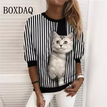 Новая женская полосатая футболка с забавным принтом кота на осень 2022, модные топы Kawaii с длинными рукавами, повседневные вечерние футболки большого размера с круглым вырезом S