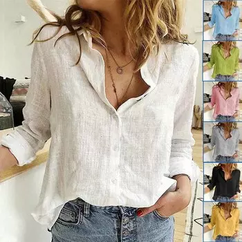 Новая женская повседневная блузка весна-лето с длинным рукавом из хлопка и льна, свободная рубашка на пуговицах, топы, туника, большие размеры L чёрный