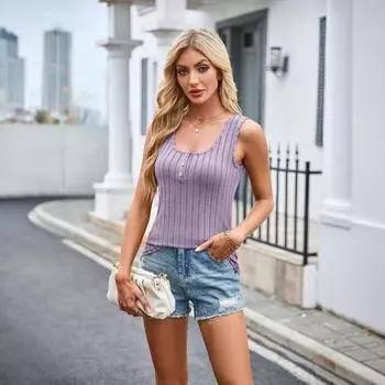 Новая женская повседневная футболка модная без рукавов трикотажная жилетка с U-образным вырезом тонкая майка S серый