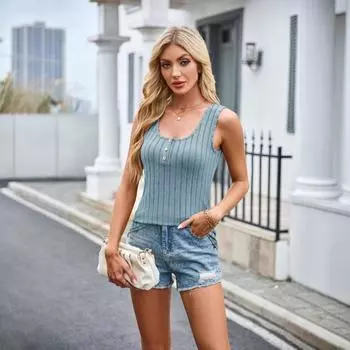 Новая женская повседневная футболка модная без рукавов трикотажная жилетка с U-образным вырезом тонкая майка S серый