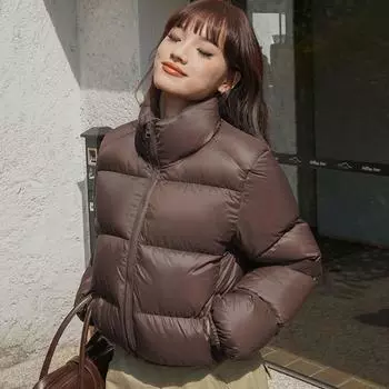 Новая женская повседневная куртка из хлопка с пухом в форме хлеба, легкая куртка с воротником-стойкой, на молнии, однотонная, утепленная, мешковатая, короткая куртка-пуховик S чёрный