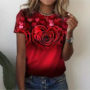 Новая женская роскошная одежда, летняя одежда, футболки с принтом роз 3D, футболки для девочек, уличная одежда с круглым вырезом, свободная одежда Laides 2023 6XL