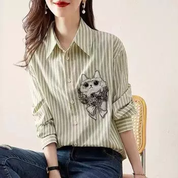 Новая женская рубашка, элегантные классические офисные женские топы, новые модные тенденции, повседневные полосатые женские рубашки с длинными рукавами и вышивкой в виде кошки S