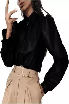 Новая женская рубашка черная кожаная натуральная овчина ручная работа стильная повседневная вечеринка S чёрный