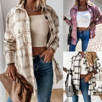 Новая женская рубашка, модная клетчатая повседневная куртка-кардиган из матовой шерсти S розовый