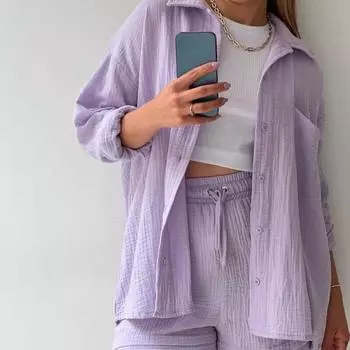 Новая женская рубашка с длинными рукавами и мятыми лацканами, шорты с завязками и высокой талией, повседневные комплекты из двух предметов для поездок на работу S белый