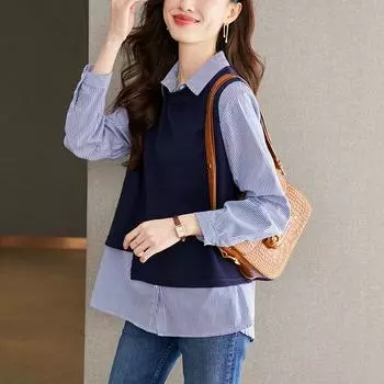 Новая женская рубашка с синей полоской, с эффектом двухслойности, повседневного дизайна, с длинными рукавами L темно-синий