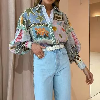 Новая женская рубашка в стиле элегантного поло с длинным рукавом, модный принт, цветная живопись, повседневные свободные женские топы с длинным рукавом S фиолетовый