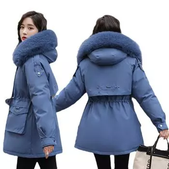 Новая женская съемная подкладка, ворсистая и утолщенная, чтобы преодолеть хлопчатобумажную подкладку, куртка средней и длинной длины с большим меховым воротником и талией из хлопка M белый