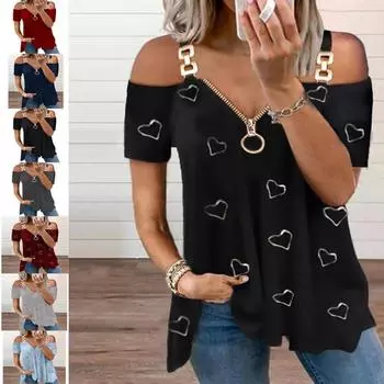 Новая женская сексуальная футболка с короткими рукавами и застежкой-молнией с глубоким вырезом и открытыми плечами S чёрный