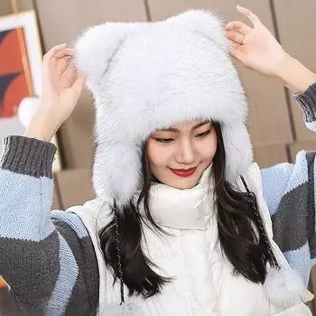 Новая женская шапка из натурального лисьего меха, шапка-ушанка для зимы, толстая теплая модная шапка с помпоном, женская шапка из натурального лисьего меха adjustable56-60cm