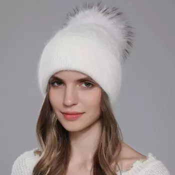 Новая женская шапка с помпоном из натурального меха енота, теплая шапка из ангорского кролика, женские зимние флисовые шапки, повседневные женские шапки