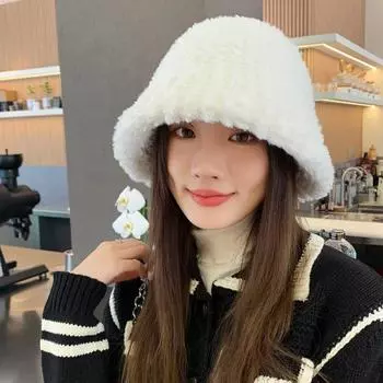 Новая женская шляпа-ведро из овечьей шерсти, шапка рыбака, утолщенная теплая вязаная шапка, плюшевая шляпа-ведро One Size