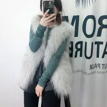 Новая женская шуба из искусственной шерсти енота простого стиля, средняя и длинная, женская жилетка, утолщенная жилетка для женщин средней и длинной длины S светло-серый