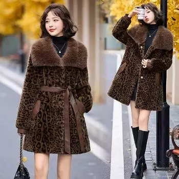 Новая женская шуба с леопардовым принтом на осень и зиму, искусственный мех норки, универсальное свободное плюшевое пальто средней длины M